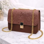 Brown Leather Chain Crossbody Bag for Girls