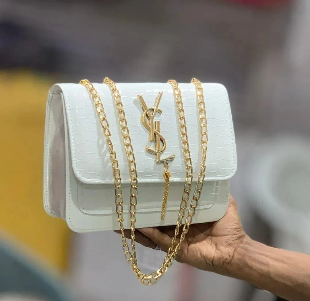 2105-39-687635-product-1 White Croc Leather Handbag with Gold Chain Strap - Image 1