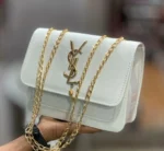 White Croc Leather Handbag with Gold Chain Strap - Image 3