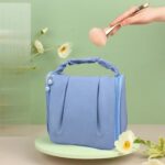 Blue Polyester Handbag with Pearl Zipper & Makeup Brush Holder